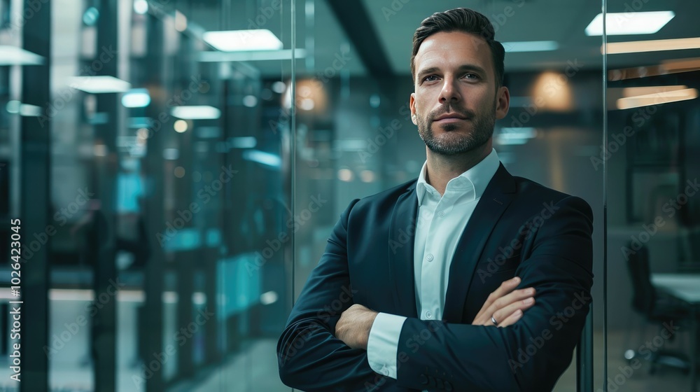 Confident corporate leader in a glass-walled conference room Confident corporate leader in a glass-walled conference room