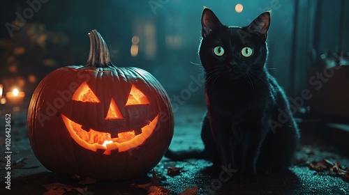 Playful Halloween pumpkin with bats and a mischievous cat photo