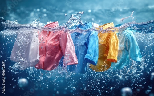 Pristine display: clothes floating gracefully in clear water, representing ideal of freshness and immaculate washing, capturing the essence of purity and the joy of wearing impeccably clean outfits. photo