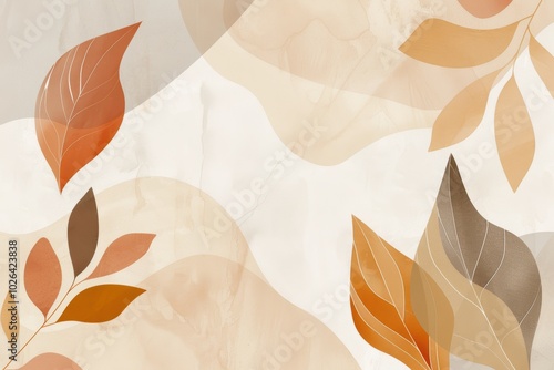 Elegant Autumn Abstract with Geometric Leaf Patterns in Muted Gold, Orange, and Brown Tones