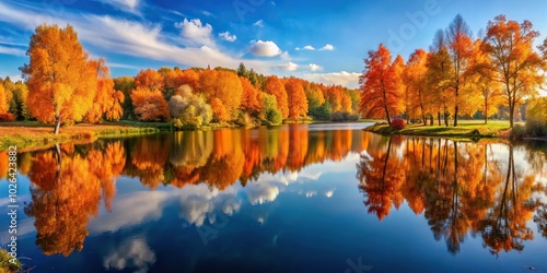 Panoramic autumn landscape with lake and bright orange trees