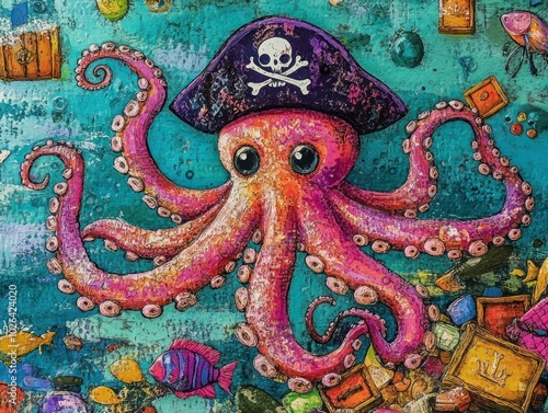 Wallpaper Mural A cartoon octopus wearing a pirate hat, surrounded by colorful fish and treasure chests on a blue background. Torontodigital.ca