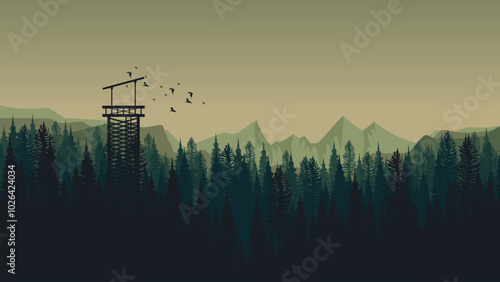 sunrise in the mountain forest sillhouette vector illustration good for presentation, advertising, ads, business, wallpaper, backdrop, background, and web banner