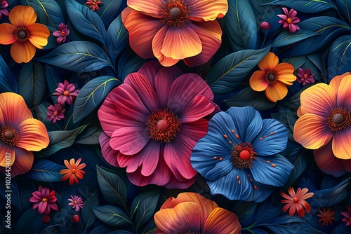 Wallpaper Mural Vibrant Floral Pattern with Colorful Blooms and Leaves
 Torontodigital.ca