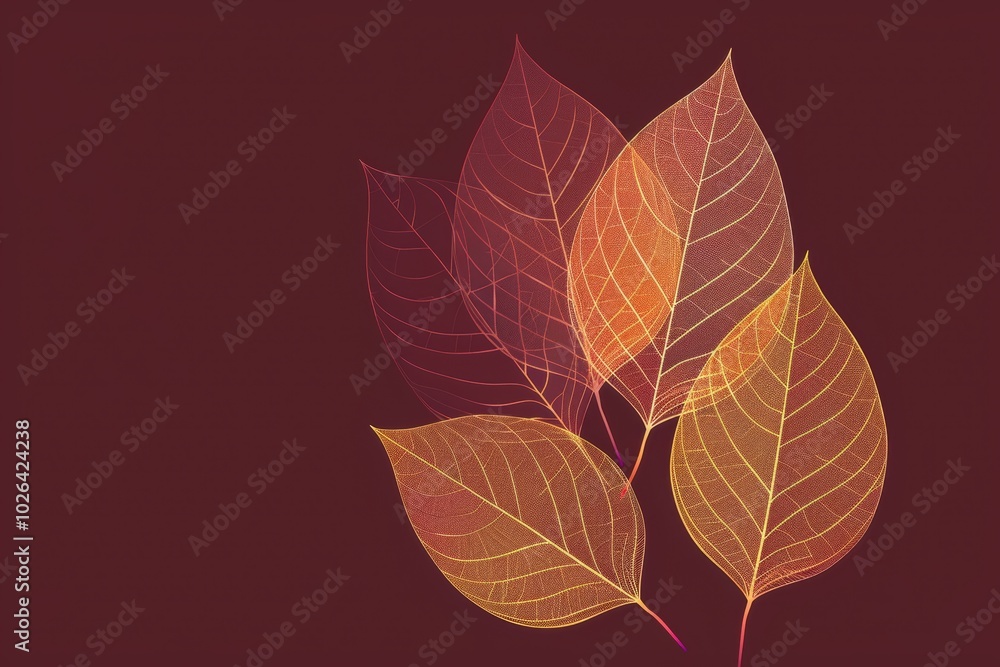 Minimalist Autumn Abstract with Golden Gradient Leaves on Deep Maroon Background for Design Print Minimalist Autumn Abstract with Golden Gradient Leaves on Deep Maroon Background for Design Print