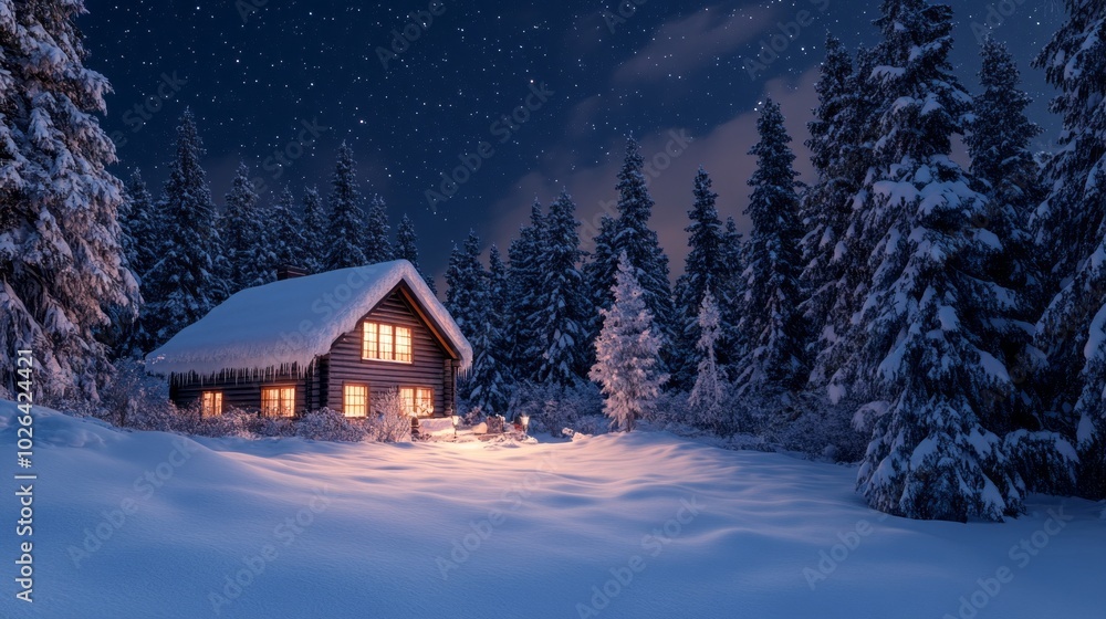 A cozy cabin in the woods with a warm glow from the inside A cozy cabin in the woods with a warm glow from the inside