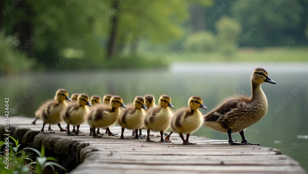 Fototapeta premium Adorable ducklings following their mother across a wooden bridge by a tranquil lake