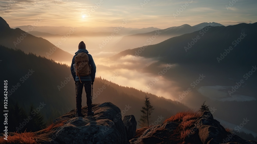 Silhouette of a Hiker Against a Misty Mountain Landscape Silhouette of a Hiker Against a Misty Mountain Landscape
