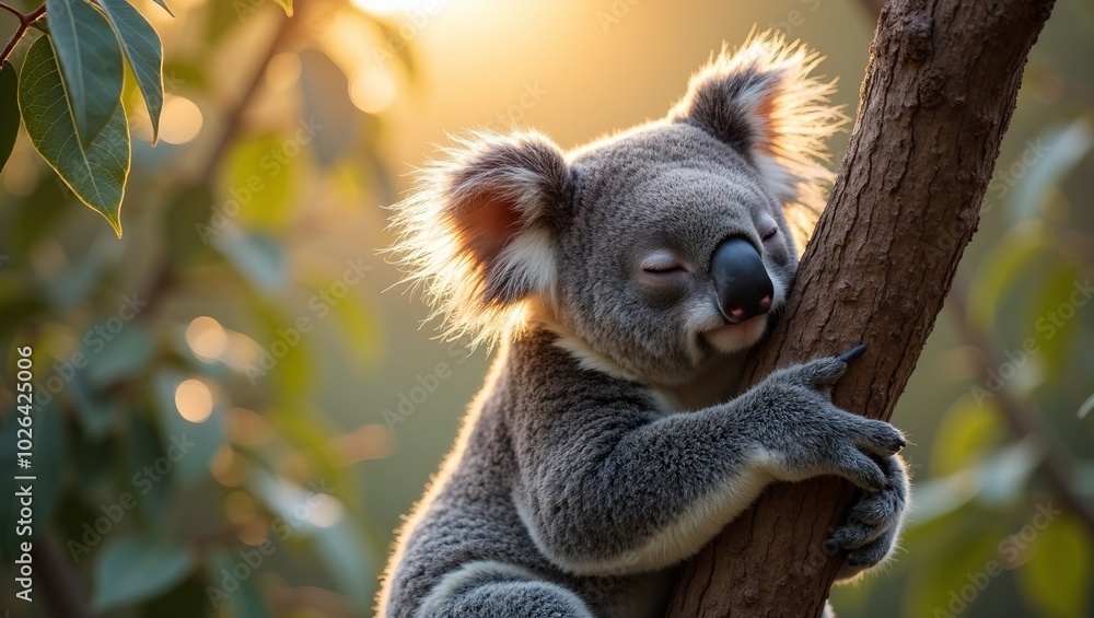 Fototapeta premium Adorable koala napping on tree branch with sunlight filtering through leaves