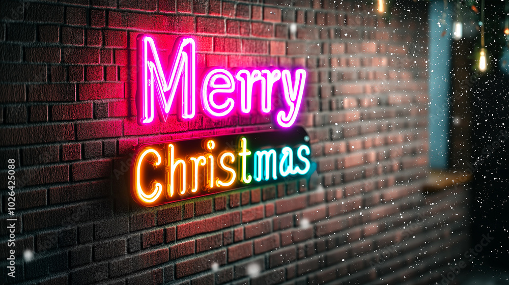 Merry Christmas neon sign glowing brightly against textured brick wall, creating festive atmosphere. colorful lights add cheerful touch to holiday season Merry Christmas neon sign glowing brightly against textured brick wall, creating festive atmosphere. colorful lights add cheerful touch to holiday season
