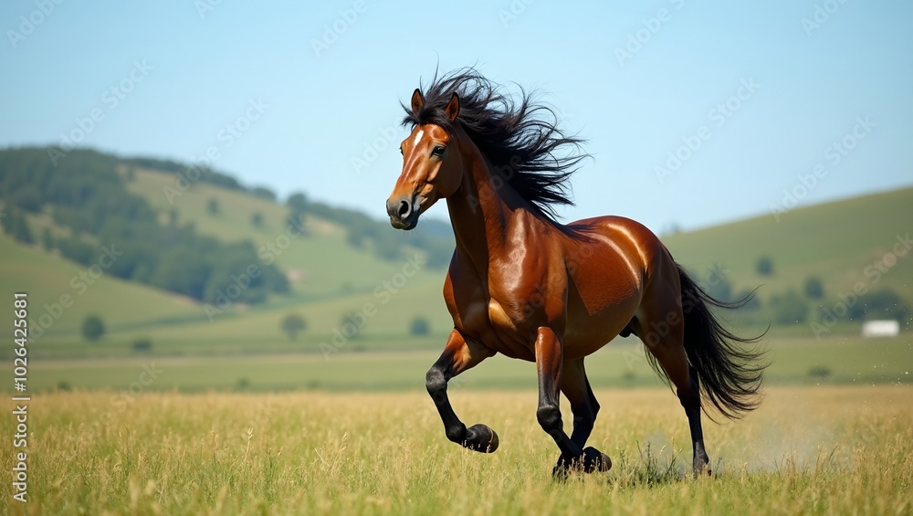 Obraz premium Majestic stallion galloping in open field with flowing mane against green hills and blue sky