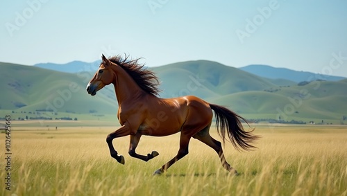 Majestic stallion galloping in open field with flowing mane against green hills and blue sky