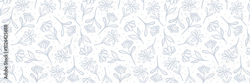 Wide daisy floral banner, horizontal ditsy flower print, white and blue minimalist seamless repeating pattern, spring background design