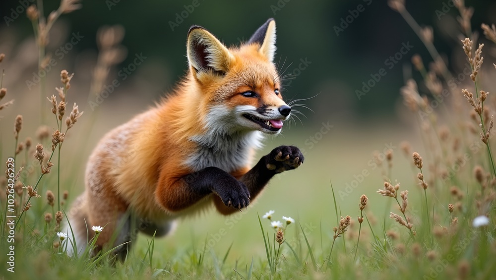 Playful red fox mid pounce in tall grass Playful red fox mid pounce in tall grass