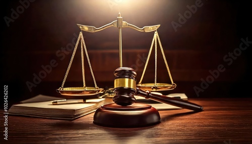 Law and justice, featuring symbols like a gavel, scales of justice, and legal documents 