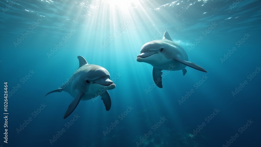 Fototapeta premium Graceful dolphins gliding under sunlit ocean surface