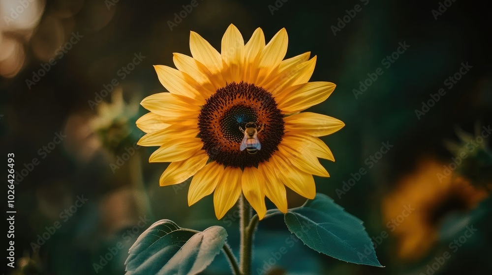 Fototapeta premium A close-up of a yellow sunflower bloom with a honeybee collecting pollen, symbolizing life and nature's cycles.