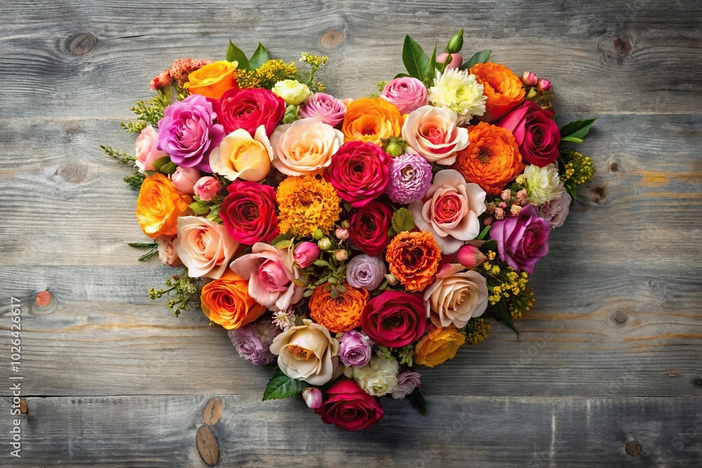 Panoramic bouquet of flowers arranged in heart shape for Valentine's Day Panoramic bouquet of flowers arranged in heart shape for Valentine's Day