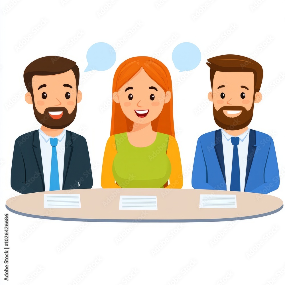 Three cartoon characters engaged in a discussion at a table. Three cartoon characters engaged in a discussion at a table.