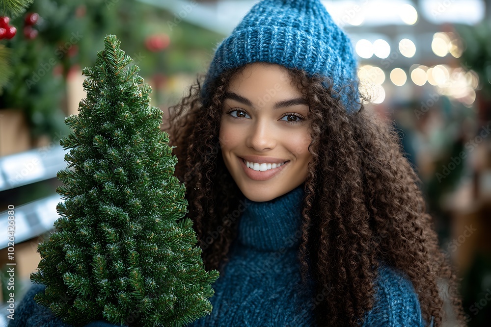a happy woman carrying a Christmas tree at a supermarket : Generative AI a happy woman carrying a Christmas tree at a supermarket : Generative AI