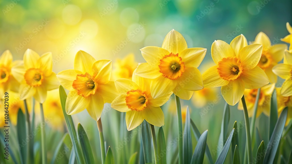 Panoramic bright yellow daffodils in bloom with soft background Panoramic bright yellow daffodils in bloom with soft background