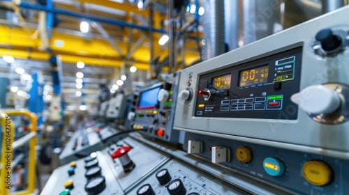 Control panel with digital displays and switches in a factory