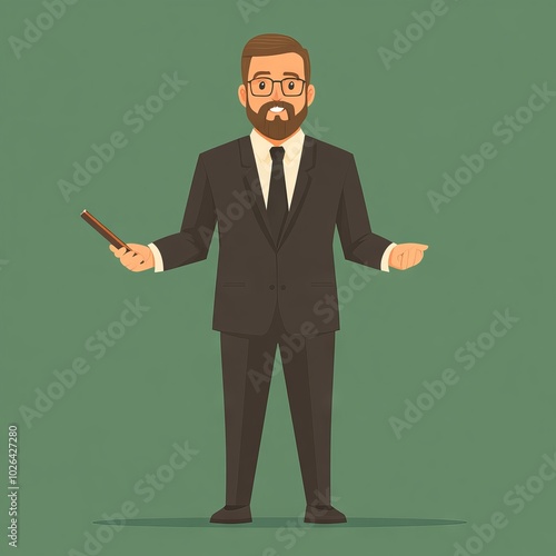A man in a suit holding a pointer, conveying authority and professionalism.