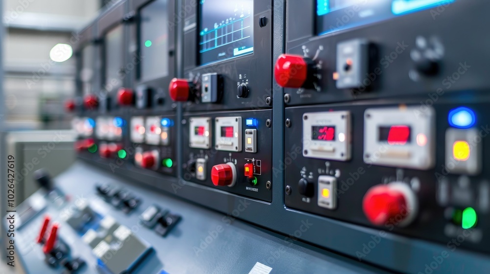 Control panel with digital displays and switches in a factory Control panel with digital displays and switches in a factory