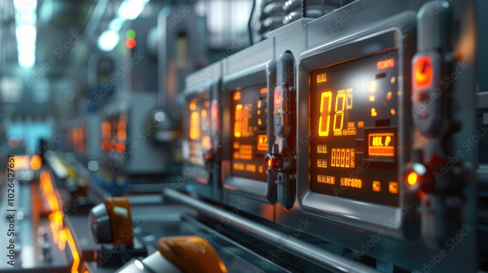 Control panel with digital displays and switches in a factory Control panel with digital displays and switches in a factory
