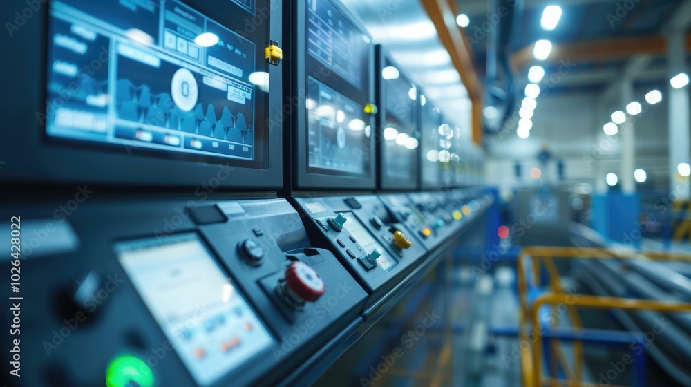 Control panel with digital displays and switches in a factory Control panel with digital displays and switches in a factory