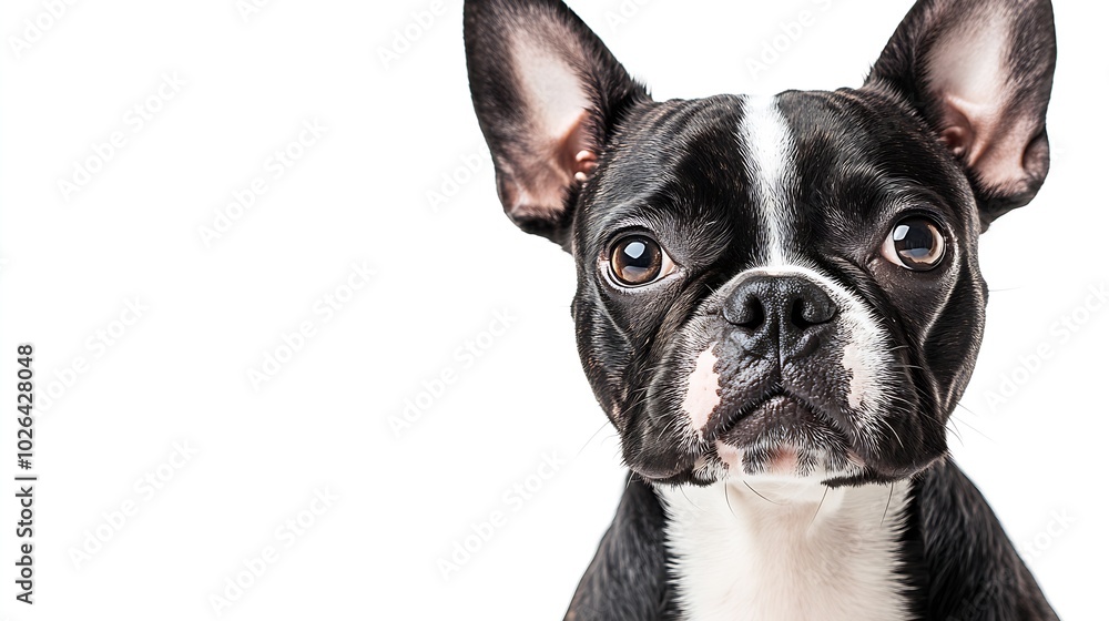 Boston terrier dog looking forward against a white background. : Generative AI Boston terrier dog looking forward against a white background. : Generative AI