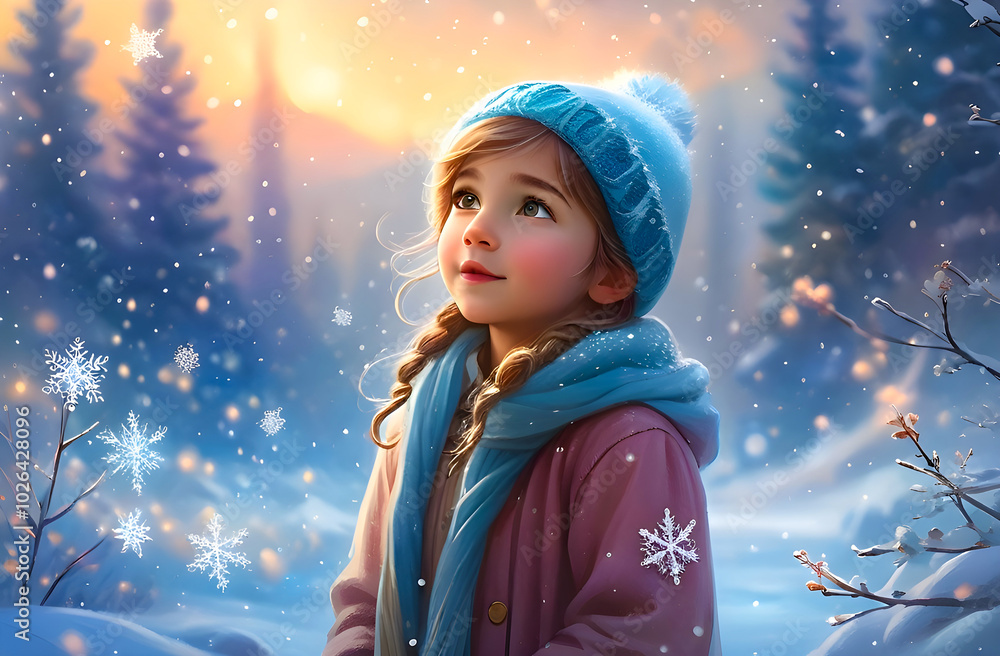 a young child standing in awe amidst a winter wonderland, mesmerized by the delicate dance of snowflakes falling gently from the sky onto the picturesque landscape a young child standing in awe amidst a winter wonderland, mesmerized by the delicate dance of snowflakes falling gently from the sky onto the picturesque landscape