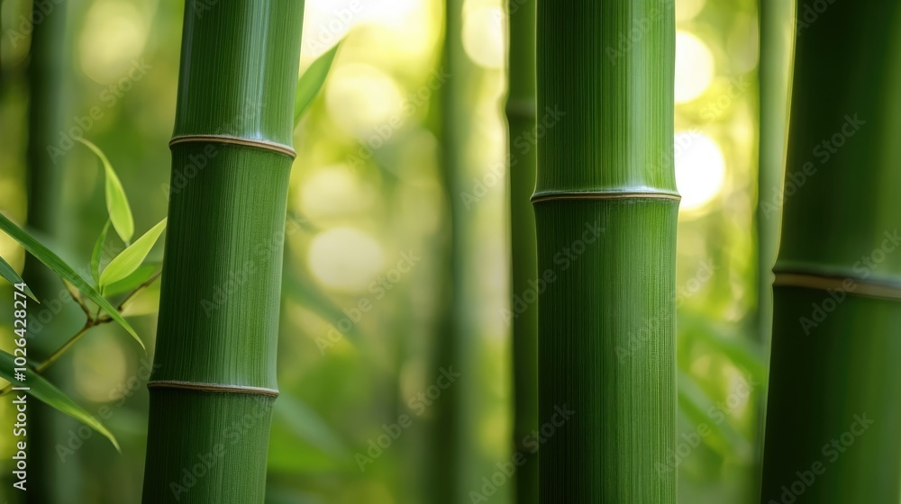 Obraz premium A close-up of green bamboo stalks standing tall, their smooth surfaces catching the sunlight in an exotic forest.