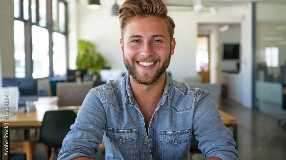 Corporate professional with a friendly smile in an open-plan office Corporate professional with a friendly smile in an open-plan office