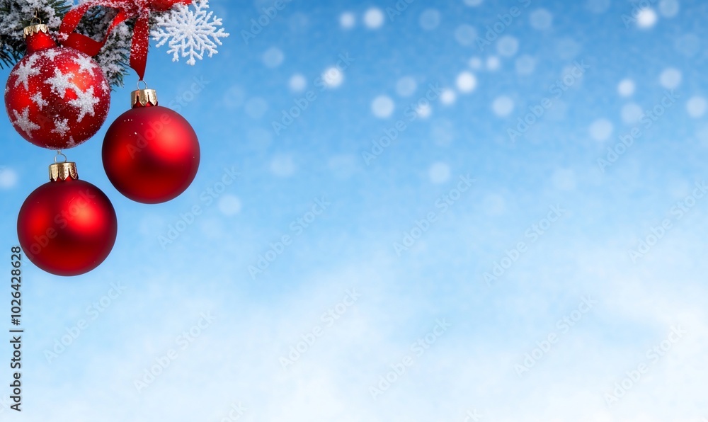 Festive red ornaments hang against a snowy blue background. Festive red ornaments hang against a snowy blue background.