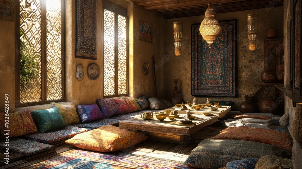 Cozy Middle Eastern room with traditional decor and colorful cushions, lit by natural sunlight. Cozy Middle Eastern room with traditional decor and colorful cushions, lit by natural sunlight.