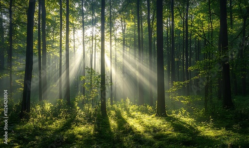 A serene forest scene with sunlight streaming through trees, creating a tranquil atmosphere filled with greenery and soft light.