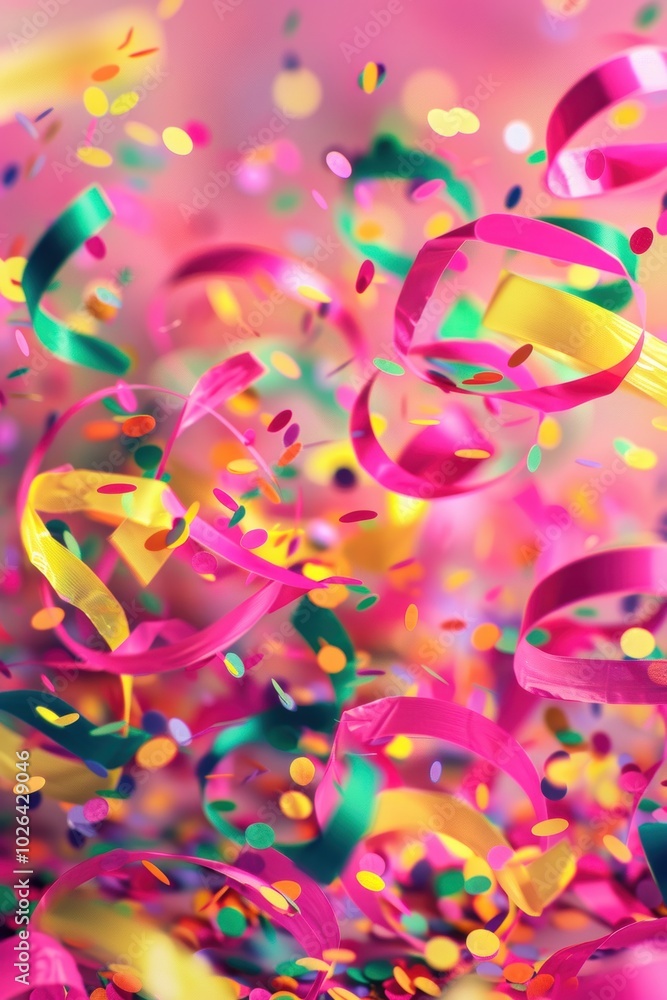 Obraz premium Colorful Birthday Celebration Background with Neon Ribbons and Confetti for Fun Designs