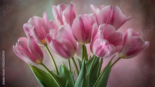 A close-up of pink tulips arranged in a vase, with soft lighting highlighting their vibrant color