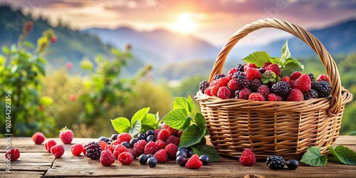 Panoramic composition of blackberries and raspberries in a basket next to bushes