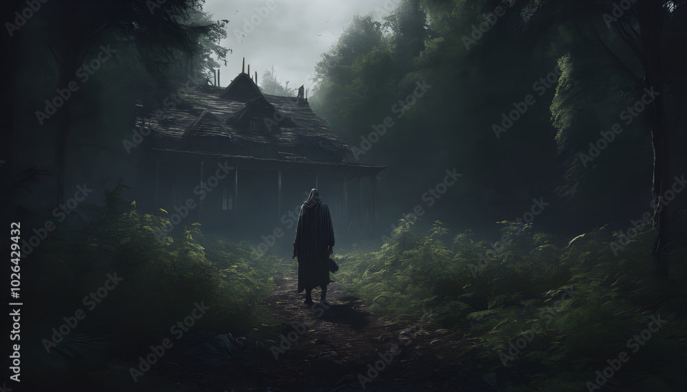 A giant, faceless ghost stands in the forest near an abandoned village, his shadow cast over tall trees. A giant, faceless ghost stands in the forest near an abandoned village, his shadow cast over tall trees.