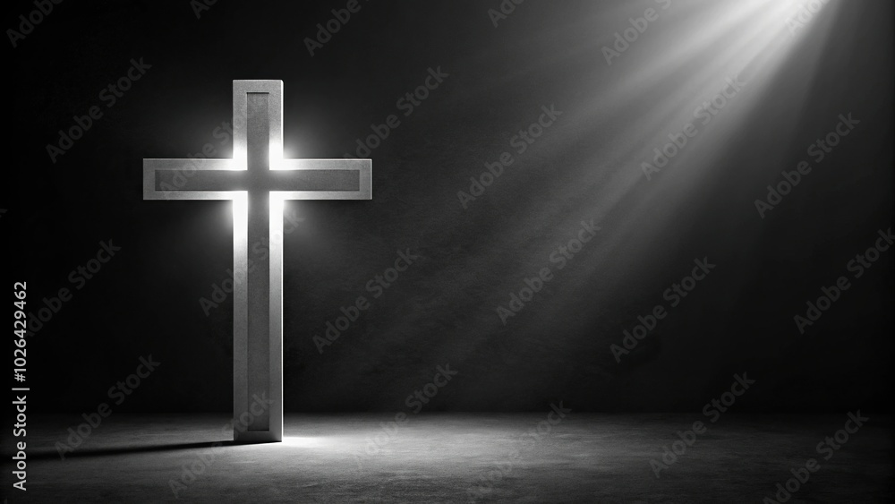 Naklejka premium Panoramic cross on black background for obituary notice funeral announcement necrology