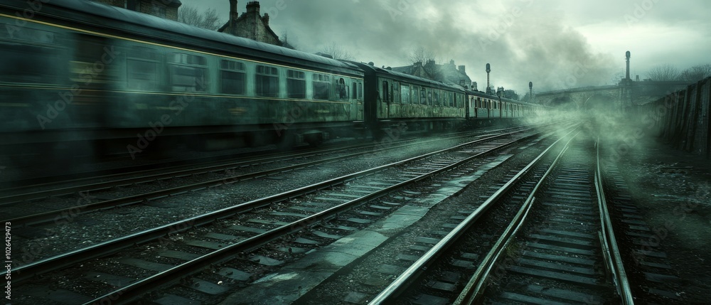 Naklejka premium A train is on the tracks with a foggy atmosphere