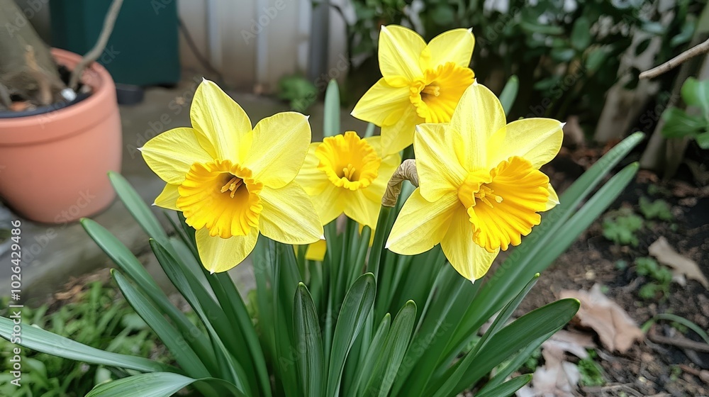 A close-up of yellow daffodils in full bloom in a garden, signaling the arrival of spring. A close-up of yellow daffodils in full bloom in a garden, signaling the arrival of spring.