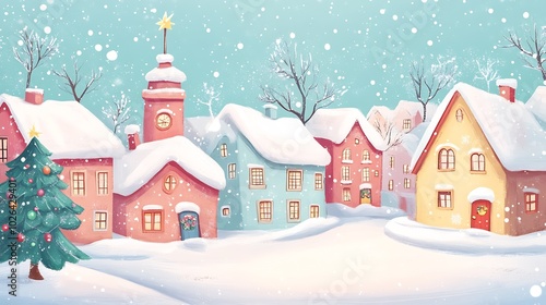 town snowy christmas pastel soft color illustration : Generative AI