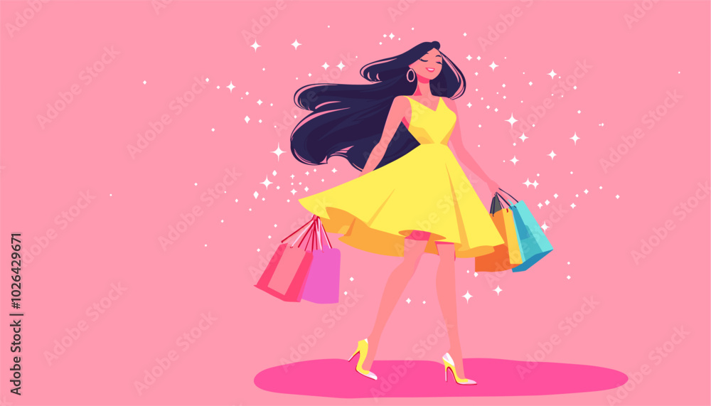 vector simple drawing girl with shopping bags standing in dress .Generative AI