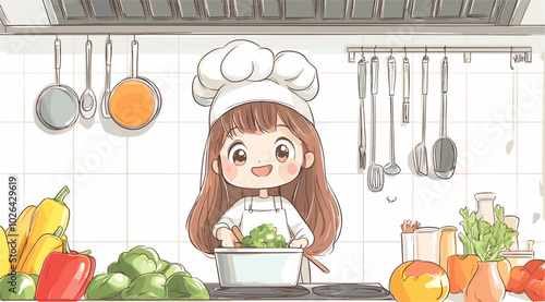vector simple drawing girl in the kitchen cooking food .Generative AI