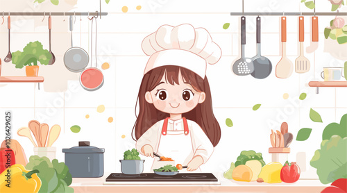 vector simple drawing girl in the kitchen cooking food .Generative AI