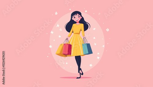 vector simple drawing girl with shopping bags standing in dress .Generative AI