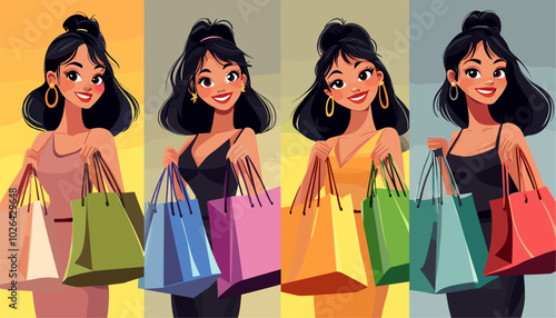 vector simple drawing girl with shopping bags standing in dress .Generative AI